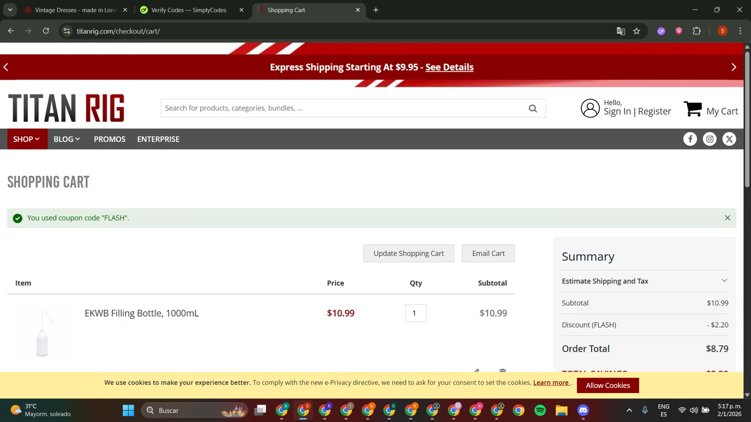 Titan Rig checkout page showing Titan Rig promo code box | Screenshot taken by SimplyCodes community member on Jan 2, 2026