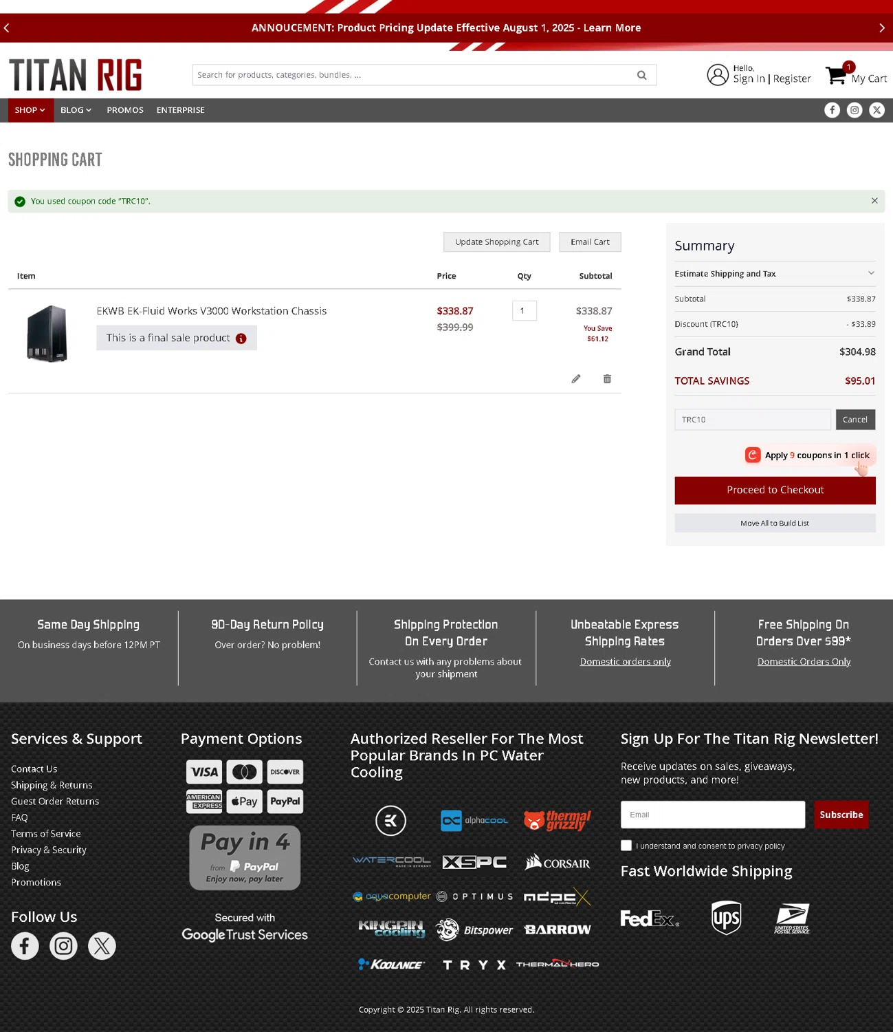 Titan Rig promo code screenshot showing code TRC10 applied at Titan Rig checkout page. Uploaded by SimplyCodes community member Serdanvz on Dec 1, 2025