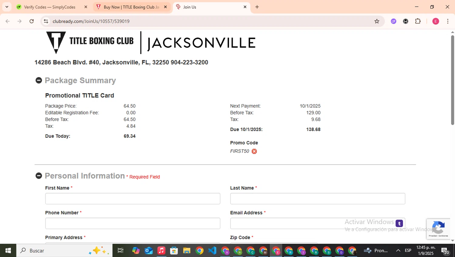 Title Boxing Club checkout page showing Title Boxing Club promo code box | Screenshot taken by SimplyCodes community member on Sep 1, 2025