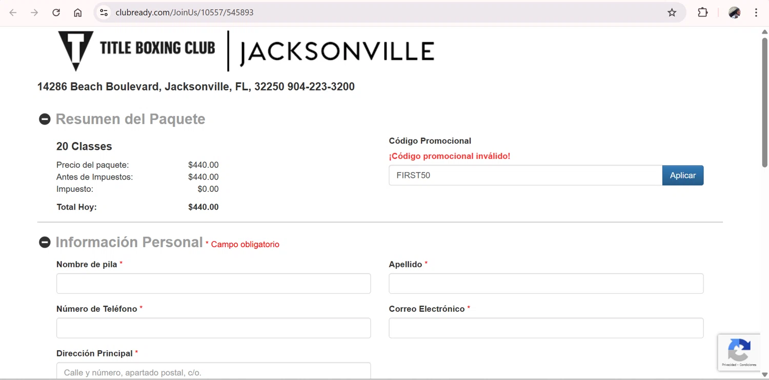 Title Boxing Club promo code screenshot showing code FIRST50 applied at Title Boxing Club checkout page. Uploaded by SimplyCodes community member Fabio05 on Oct 30, 2025