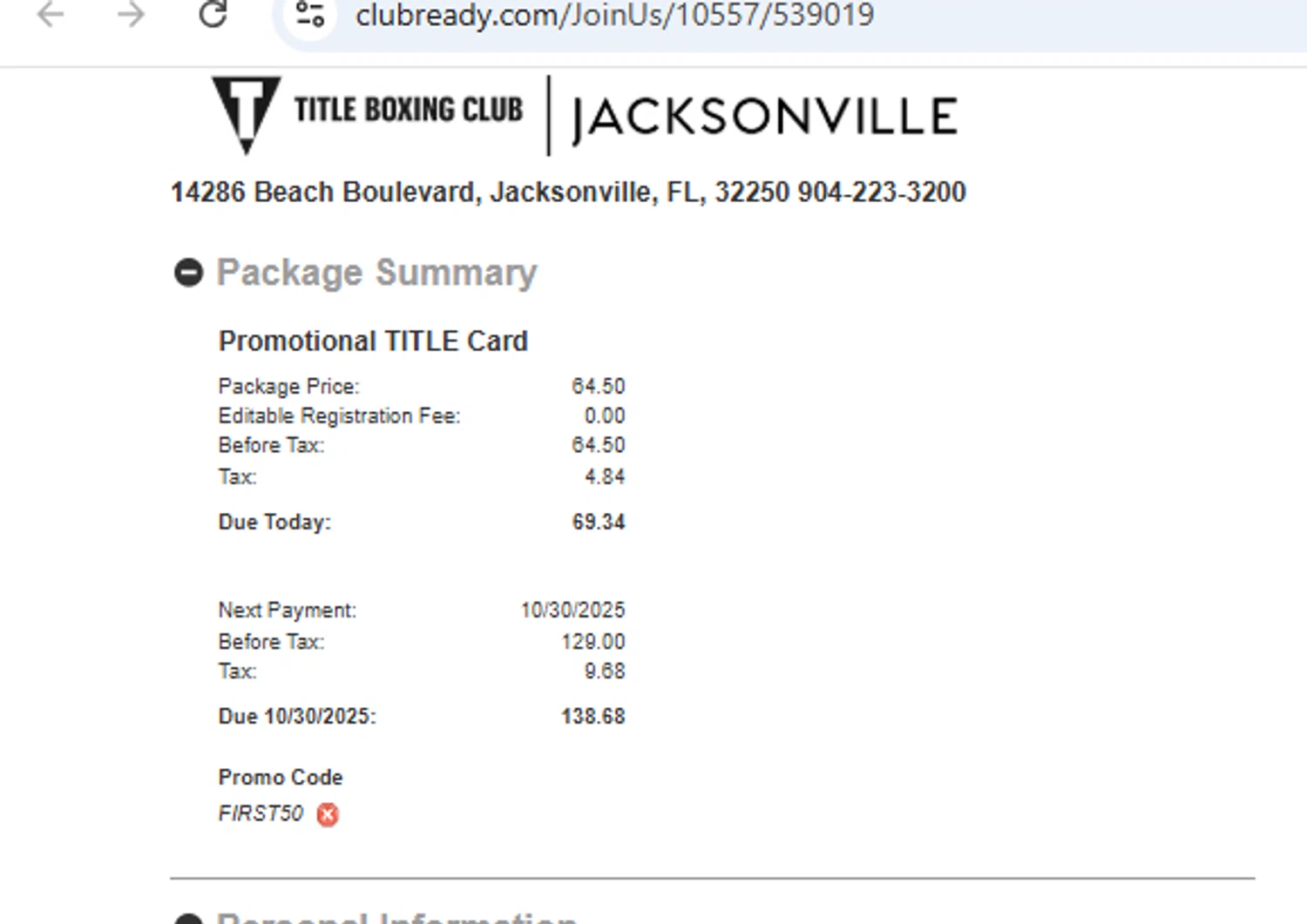 Title Boxing Club checkout page showing Title Boxing Club promo code box | Screenshot taken by SimplyCodes community member on Sep 30, 2025