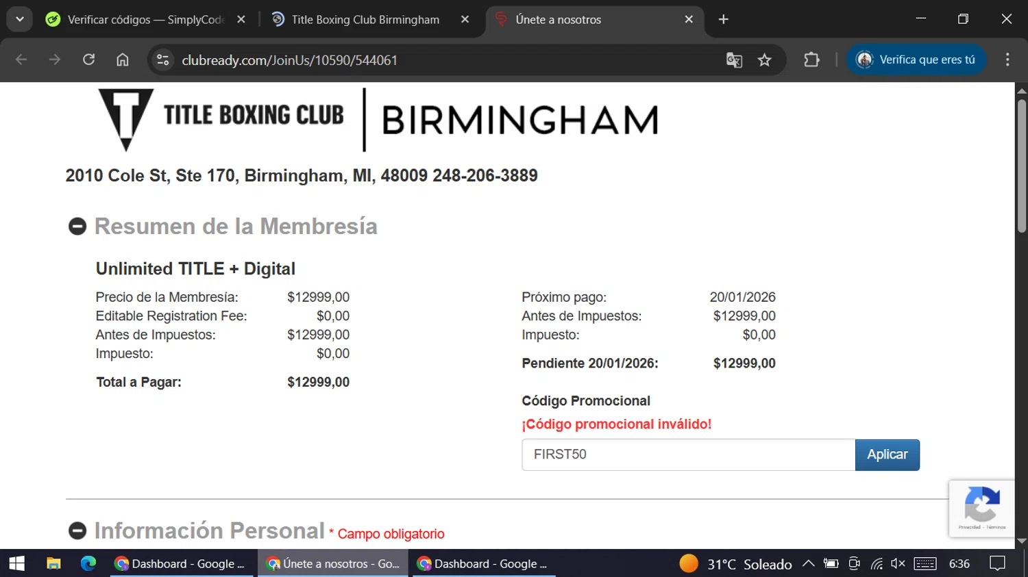 Title Boxing Club promo code screenshot showing code FIRST50 applied at Title Boxing Club checkout page. Uploaded by SimplyCodes community member ariannycfh on Dec 20, 2025