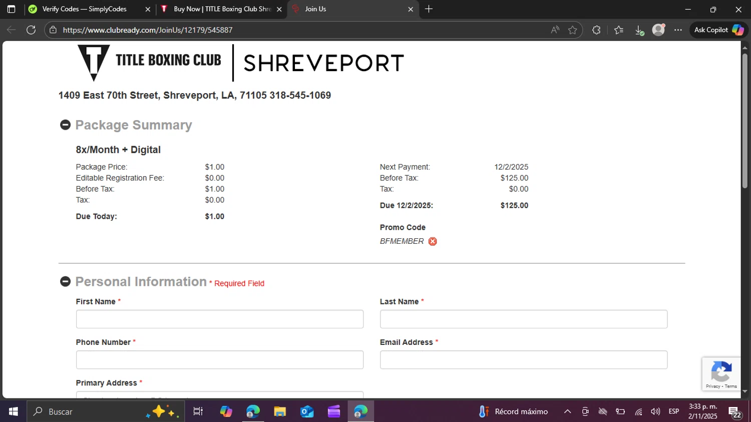 Title Boxing Club promo code screenshot showing code BFMEMBER applied at Title Boxing Club checkout page. Uploaded by SimplyCodes community member swiftie on Nov 2, 2025