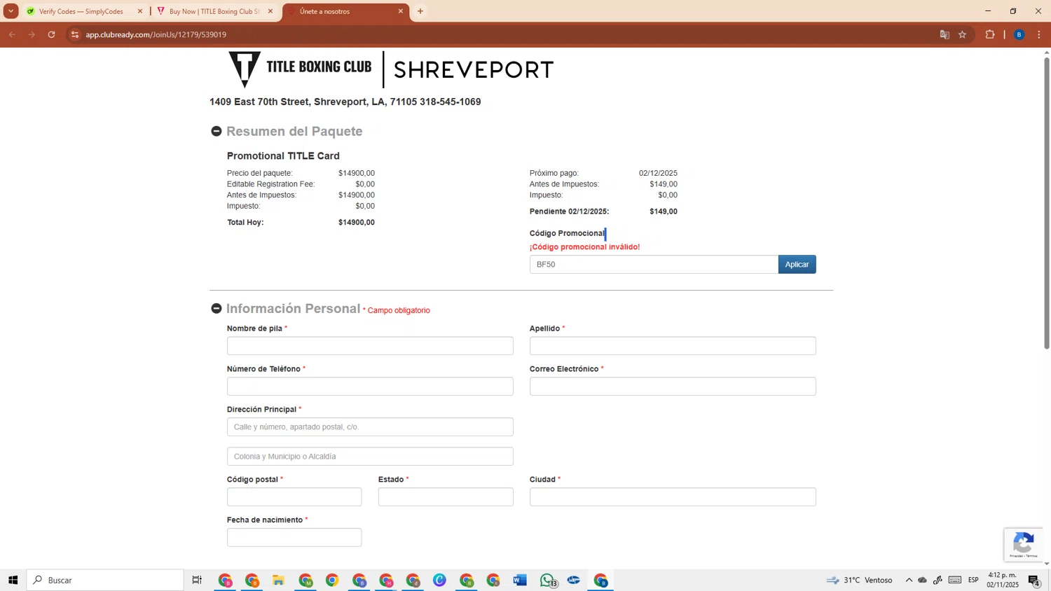 Title Boxing Club promo code screenshot showing code BF50 applied at Title Boxing Club checkout page. Uploaded by SimplyCodes community member DiscountRanger3690 on Nov 2, 2025