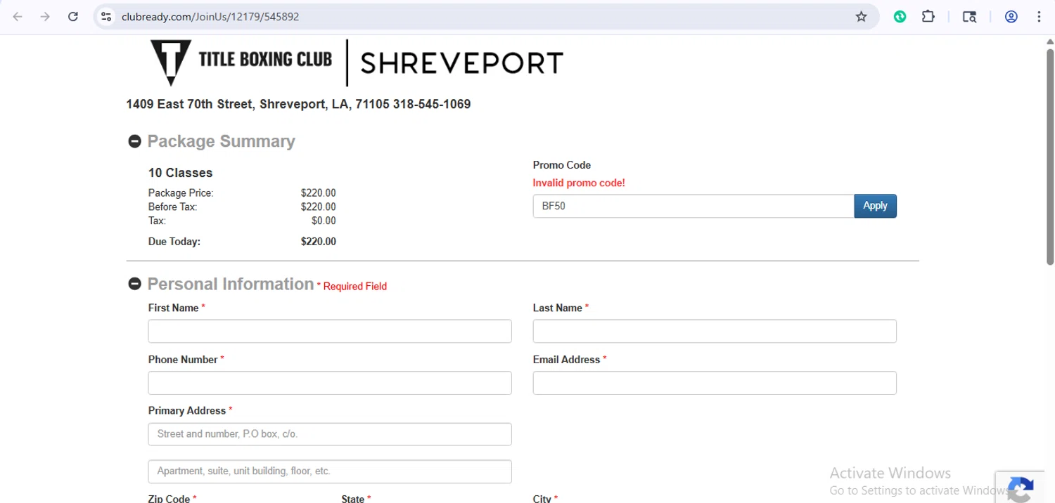 Title Boxing Club promo code screenshot showing code BF50 applied at Title Boxing Club checkout page. Uploaded by SimplyCodes community member xaswqe on Dec 2, 2025