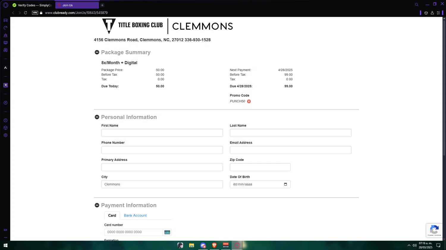 Title Boxing Club promo code screenshot showing code PUNCH50 applied at Title Boxing Club checkout page. Uploaded by SimplyCodes community member Anzeer on Mar 28, 2025