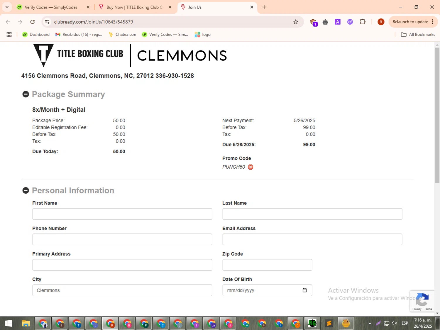 Title Boxing Club promo code screenshot showing code PUNCH50 applied at Title Boxing Club checkout page. Uploaded by SimplyCodes community member QuestKnight8819 on Apr 26, 2025