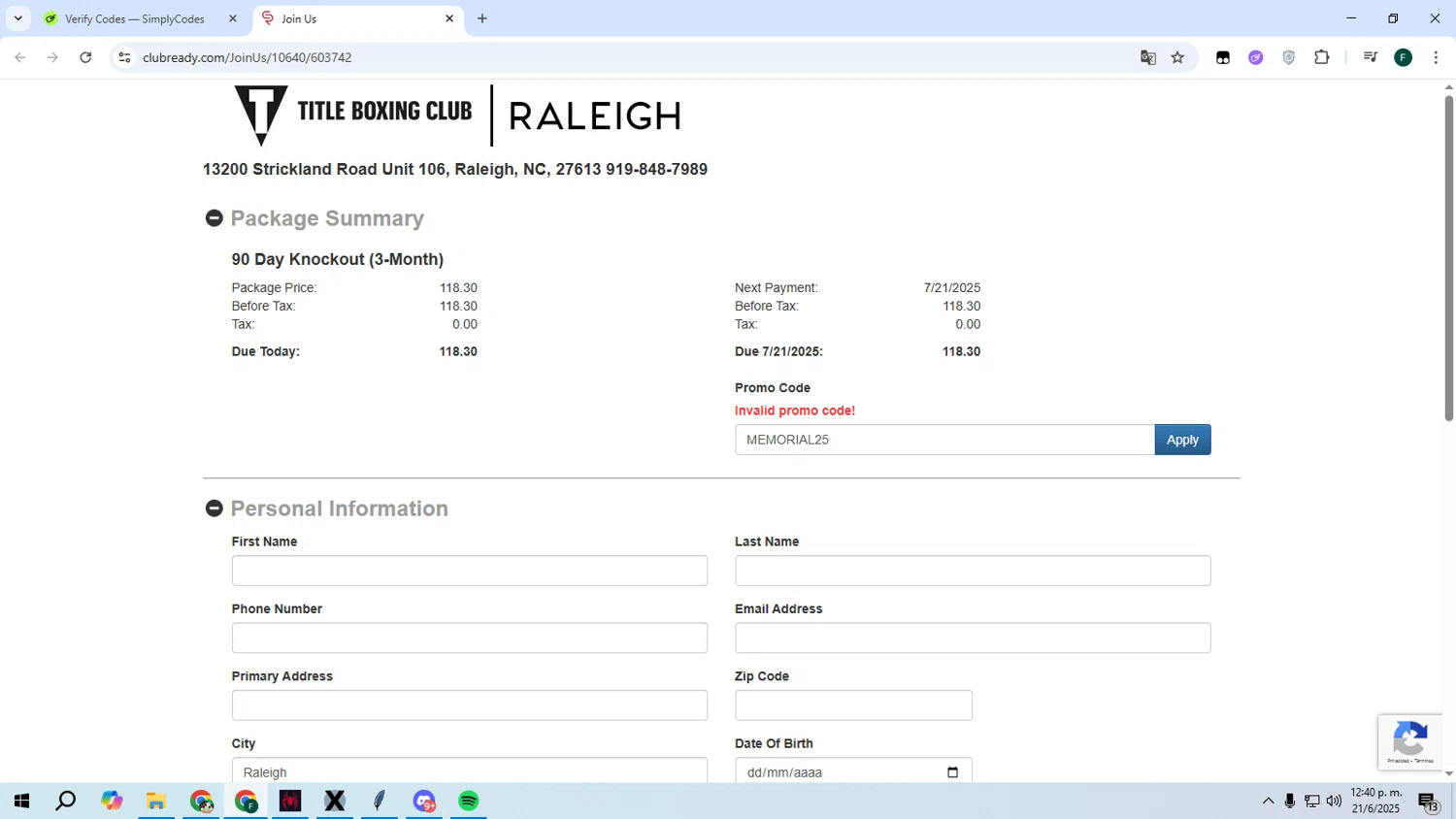Title Boxing Club promo code screenshot showing code MEMORIAL25 applied at Title Boxing Club checkout page. Uploaded by SimplyCodes community member Juanse on Jun 21, 2025
