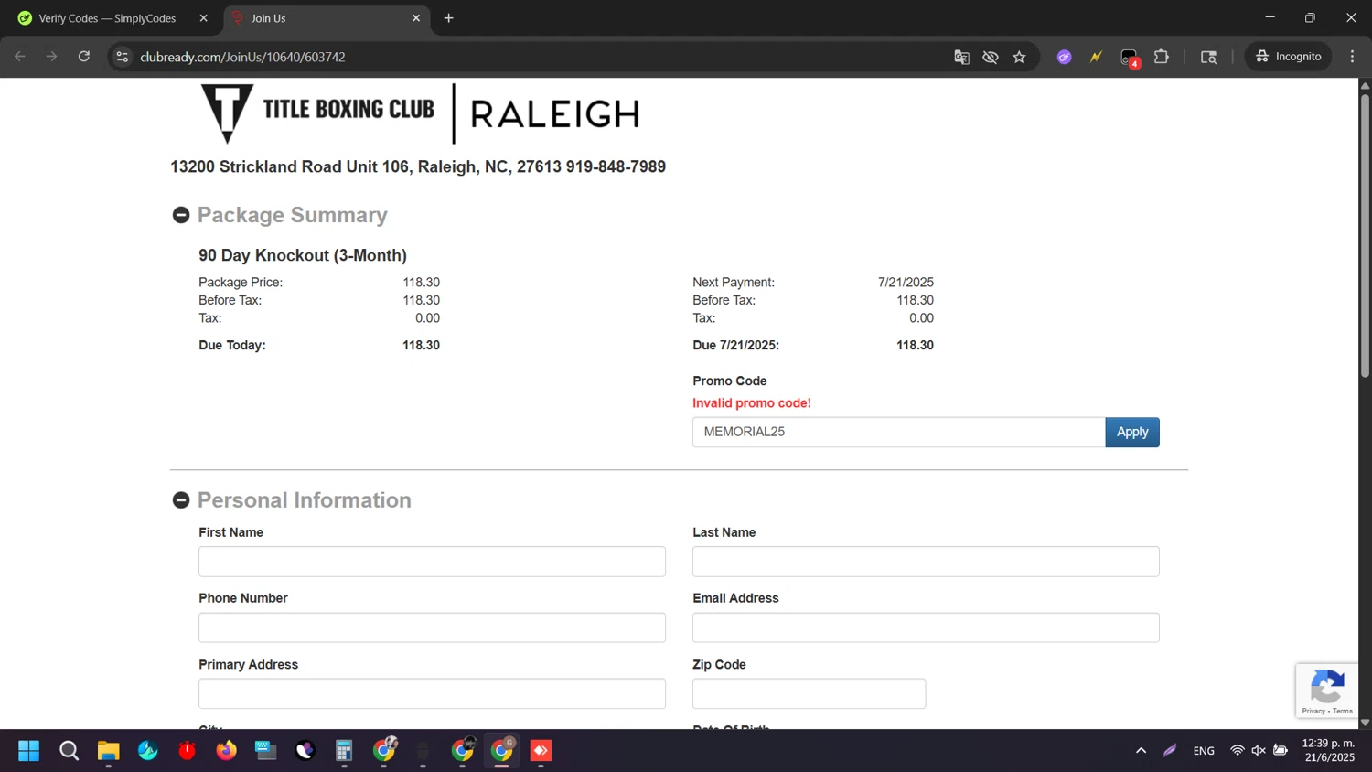 Title Boxing Club promo code screenshot showing code MEMORIAL25 applied at Title Boxing Club checkout page. Uploaded by SimplyCodes community member SilverAdmiral2559 on Jun 21, 2025