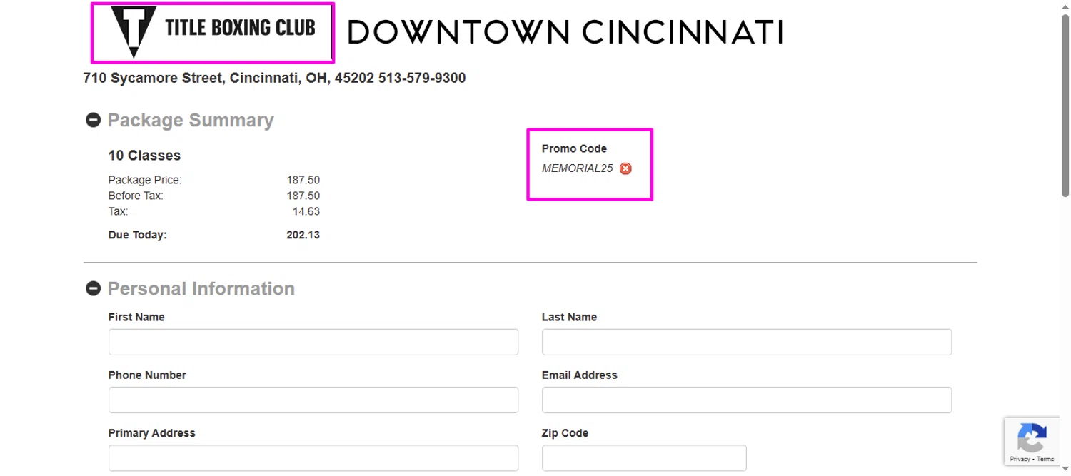 Title Boxing Club promo code screenshot showing code MEMORIAL25 applied at Title Boxing Club checkout page. Uploaded by SimplyCodes community member mrdarcy on May 23, 2025