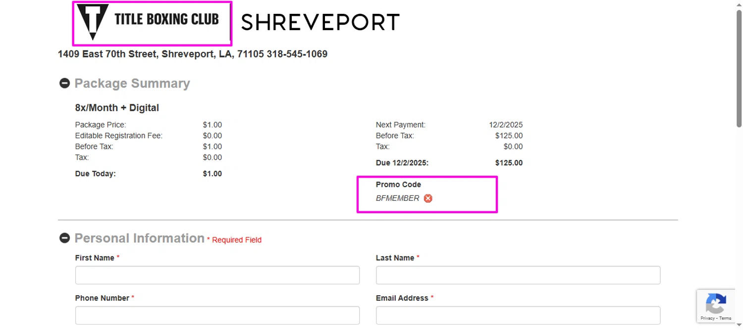 Title Boxing Club promo code screenshot showing code BFMEMBER applied at Title Boxing Club checkout page. Uploaded by SimplyCodes community member mrdarcy on Nov 2, 2025