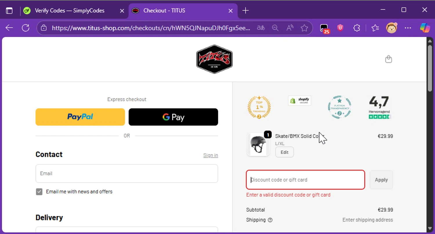 Titus promo code screenshot showing code HALLOWEEN20 applied at Titus checkout page. Uploaded by SimplyCodes community member Raibelys_18 on Nov 18, 2025