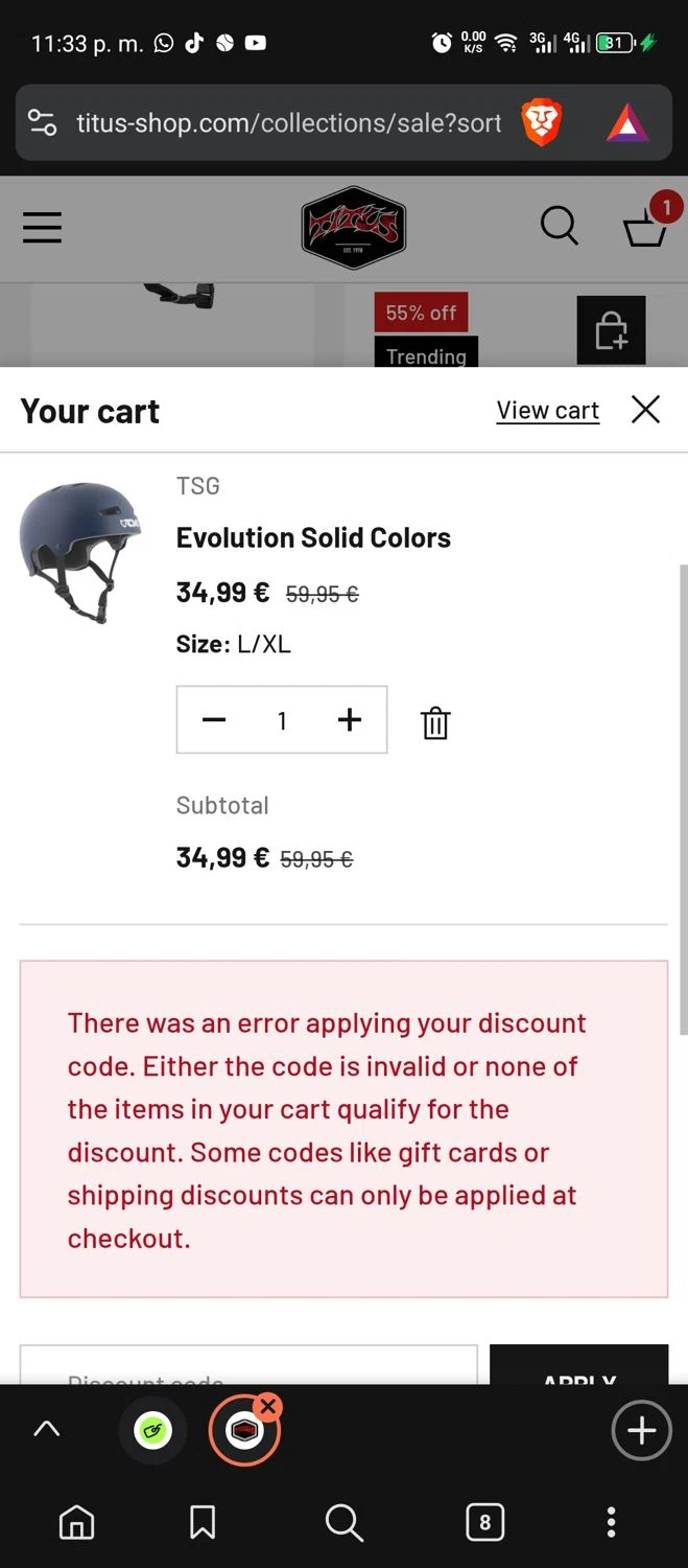 Titus promo code screenshot showing code BTS20 applied at Titus checkout page. Uploaded by SimplyCodes community member 61451681 on Sep 24, 2025