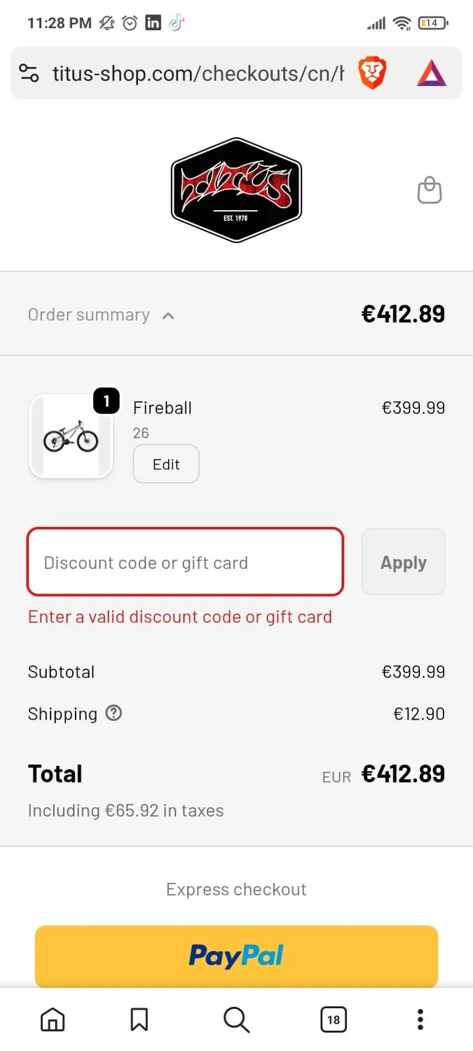 Titus promo code screenshot showing code BTS20 applied at Titus checkout page. Uploaded by SimplyCodes community member Yarialmys2020 on Sep 24, 2025