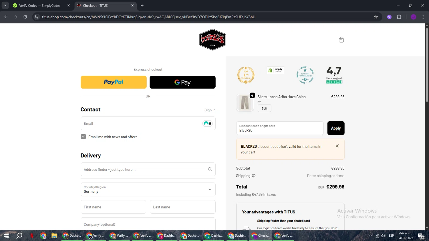 Titus checkout page showing Titus promo code box | Screenshot taken by SimplyCodes community member on Nov 24, 2025