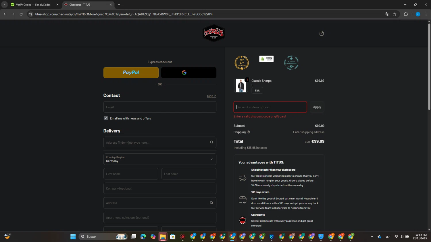 Titus promo code screenshot showing code Cyber15 applied at Titus checkout page. Uploaded by SimplyCodes community member CouponPhoenix3444 on Dec 22, 2025