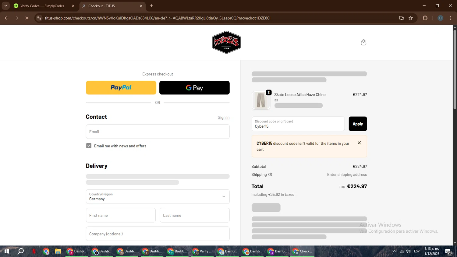 Titus checkout page showing Titus promo code box | Screenshot taken by SimplyCodes community member on Dec 1, 2025