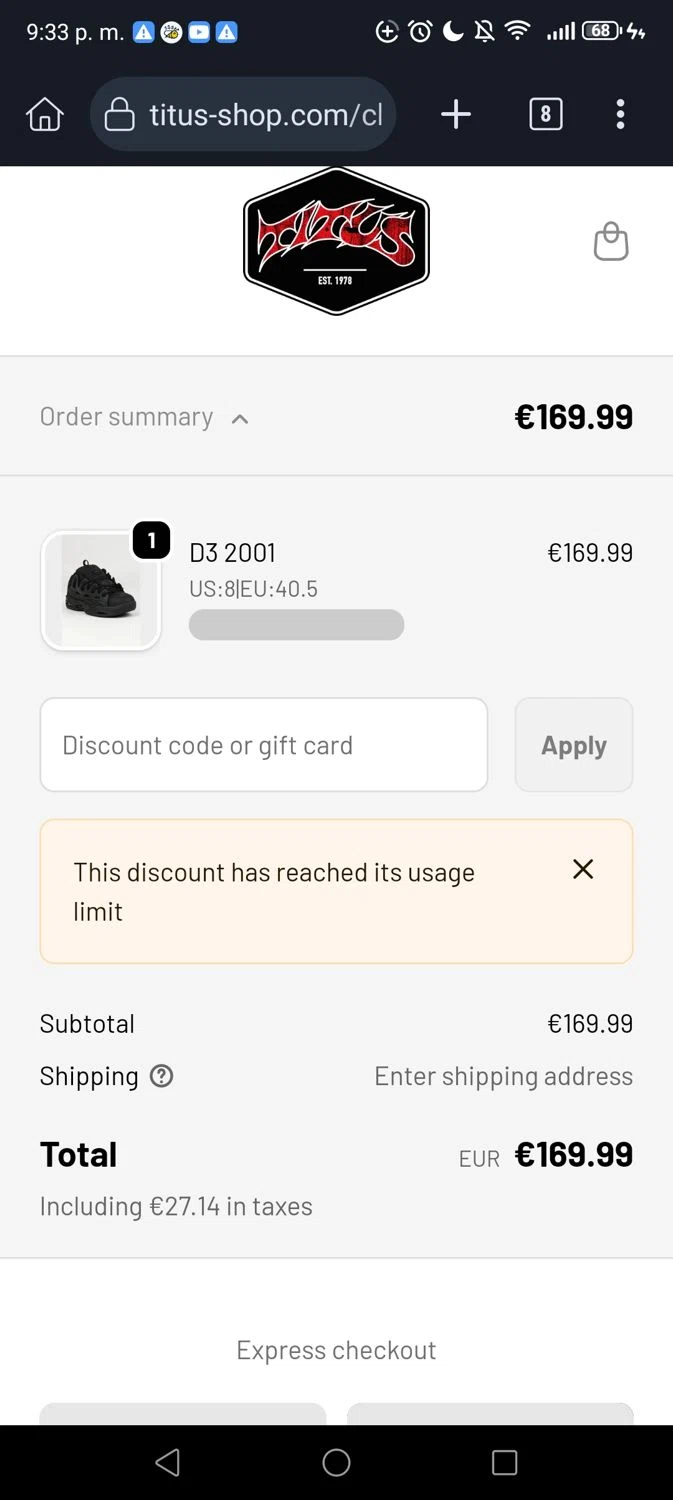 Titus promo code screenshot showing code D11CJ3TK4GB applied at Titus checkout page. Uploaded by SimplyCodes community member Georg3 on Dec 22, 2025