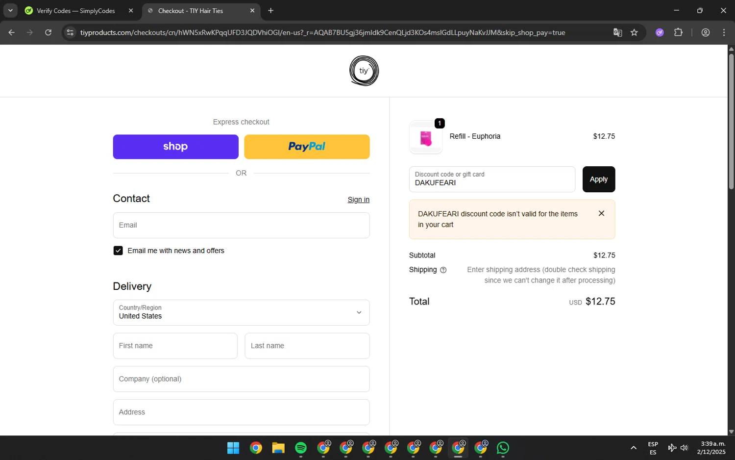 TIY Hair Ties discount code screenshot showing code DAKUFEARI applied at TIY Hair Ties checkout page. Uploaded by SimplyCodes community member BATMANJA on Dec 2, 2025