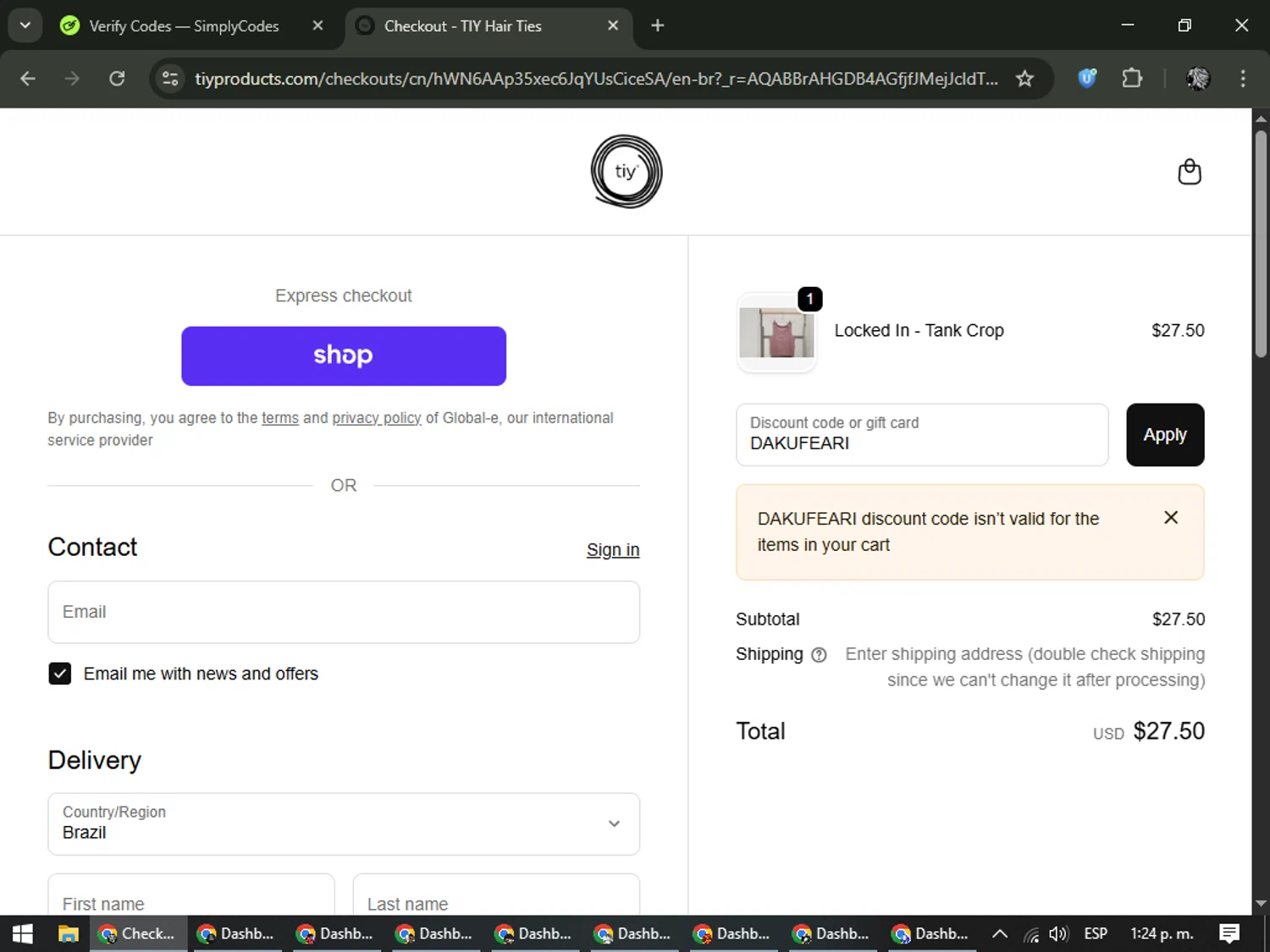 TIY Hair Ties discount code screenshot showing code DAKUFEARI applied at TIY Hair Ties checkout page. Uploaded by SimplyCodes community member PrimeKnight6101 on Dec 7, 2025