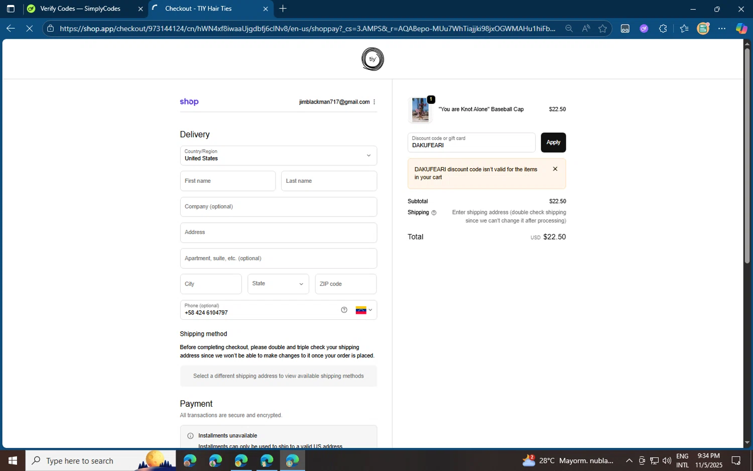 TIY Hair Ties discount code screenshot showing code DAKUFEARI applied at TIY Hair Ties checkout page. Uploaded by SimplyCodes community member jvllsk3 on Nov 6, 2025
