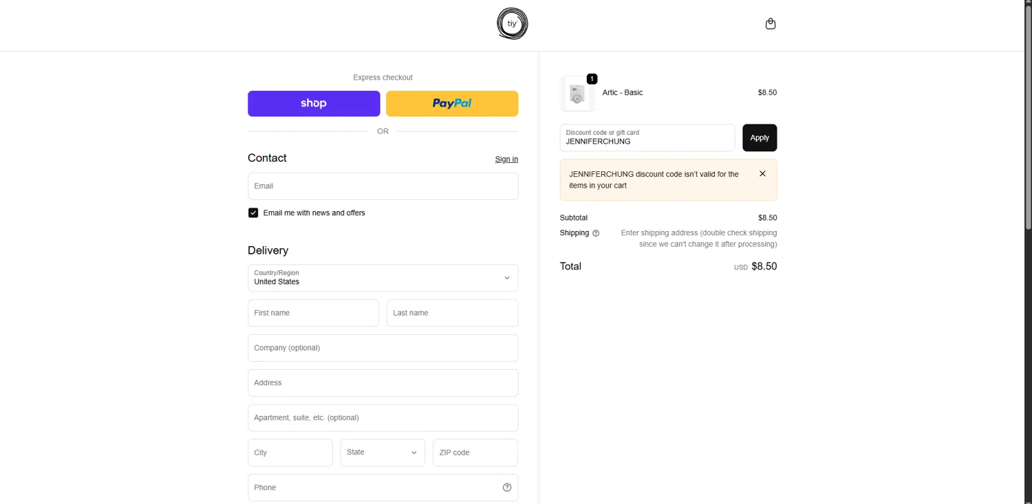 TIY Hair Ties discount code screenshot showing code JENNIFERCHUNG applied at TIY Hair Ties checkout page. Uploaded by SimplyCodes community member VoucherRanger9105 on Nov 27, 2025