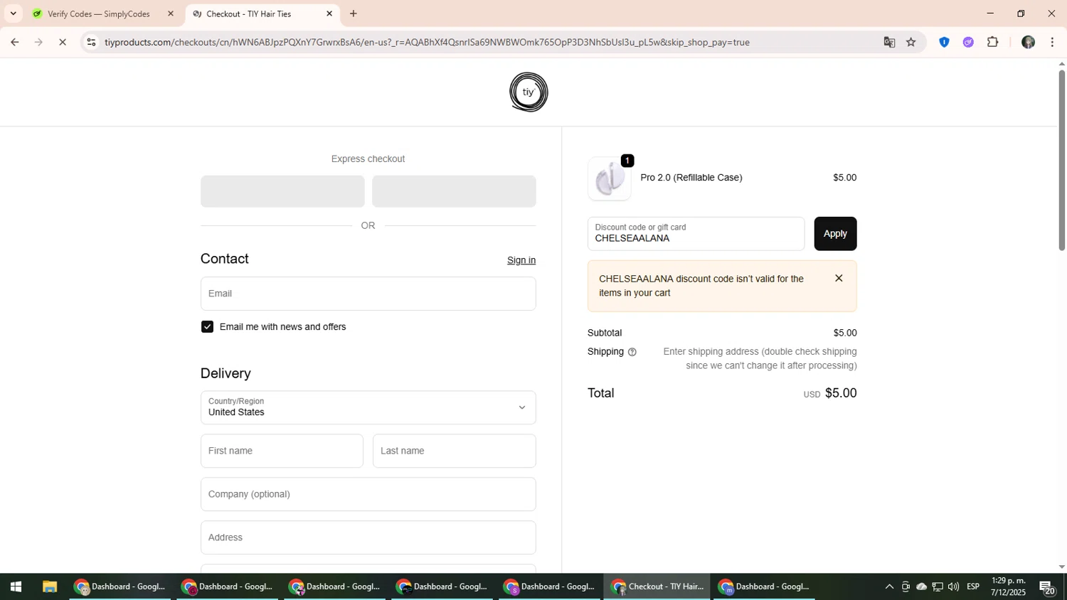 TIY Hair Ties discount code screenshot showing code CHELSEAALANA applied at TIY Hair Ties checkout page. Uploaded by SimplyCodes community member CleverLynx6871 on Dec 7, 2025
