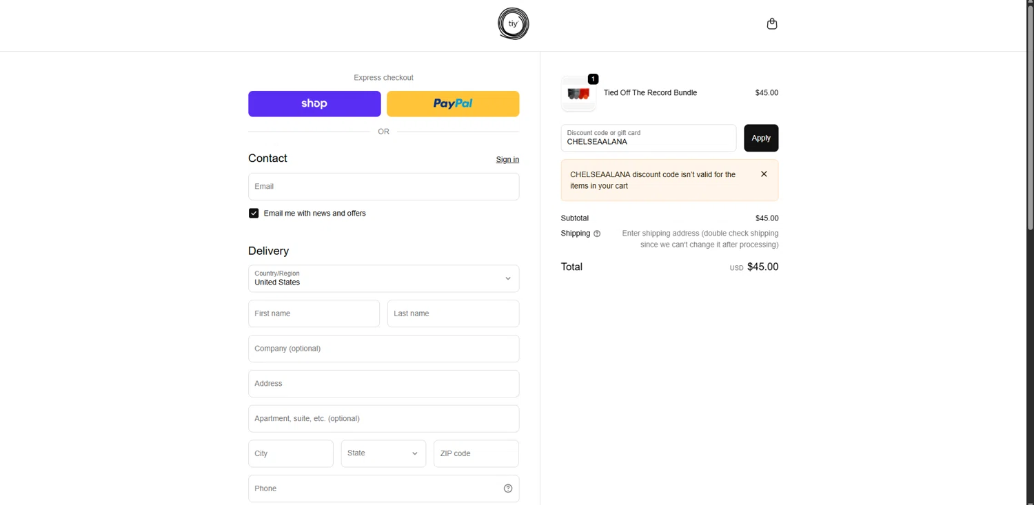 TIY Hair Ties discount code screenshot showing code CHELSEAALANA applied at TIY Hair Ties checkout page. Uploaded by SimplyCodes community member FortunateSeeker4672 on Nov 27, 2025