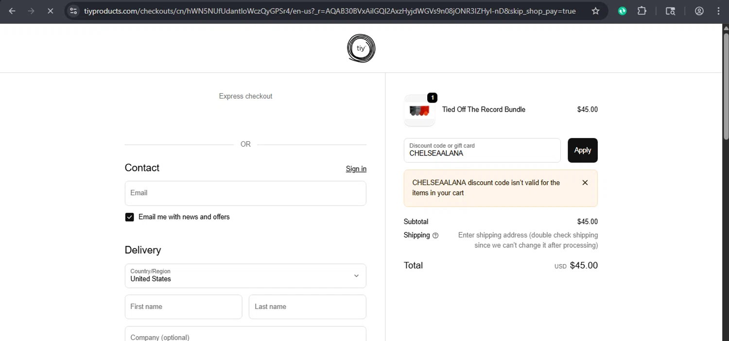 TIY Hair Ties discount code screenshot showing code CHELSEAALANA applied at TIY Hair Ties checkout page. Uploaded by SimplyCodes community member xaswqe on Nov 17, 2025