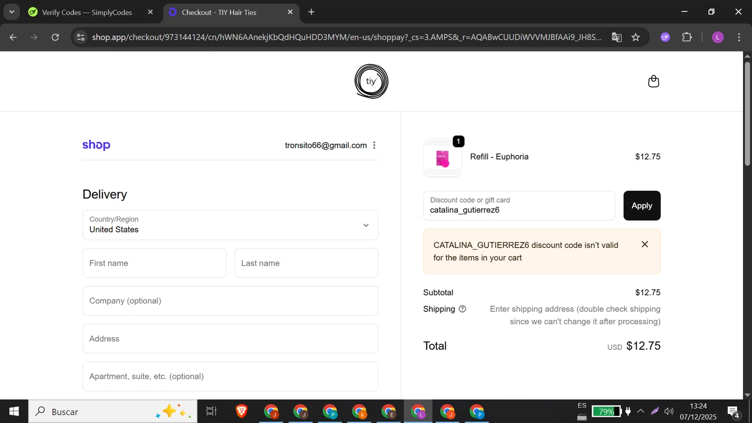 TIY Hair Ties discount code screenshot showing code catalina_gutierrez6 applied at TIY Hair Ties checkout page. Uploaded by SimplyCodes community member DiscountMonarch2312 on Dec 7, 2025