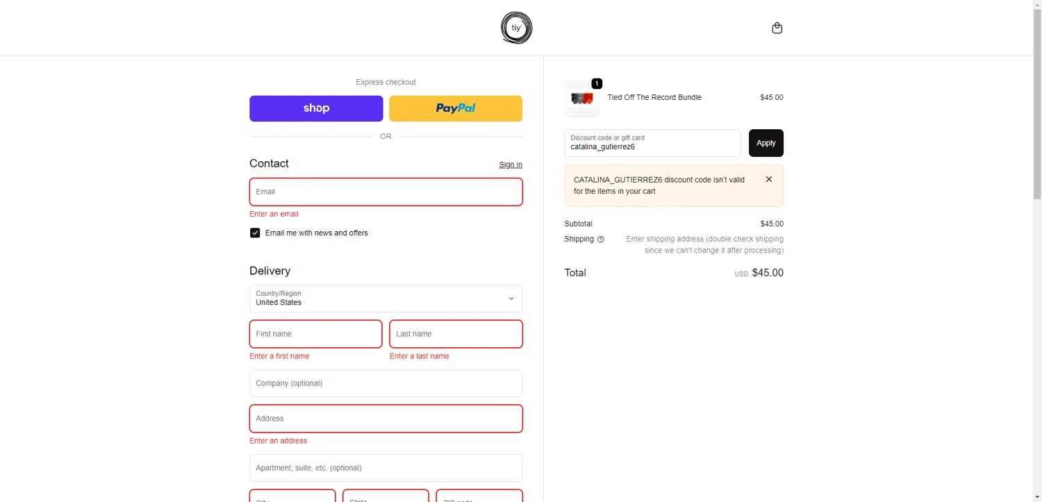TIY Hair Ties discount code screenshot showing code catalina_gutierrez6 applied at TIY Hair Ties checkout page. Uploaded by SimplyCodes community member NobleMaestro6498 on Nov 6, 2025