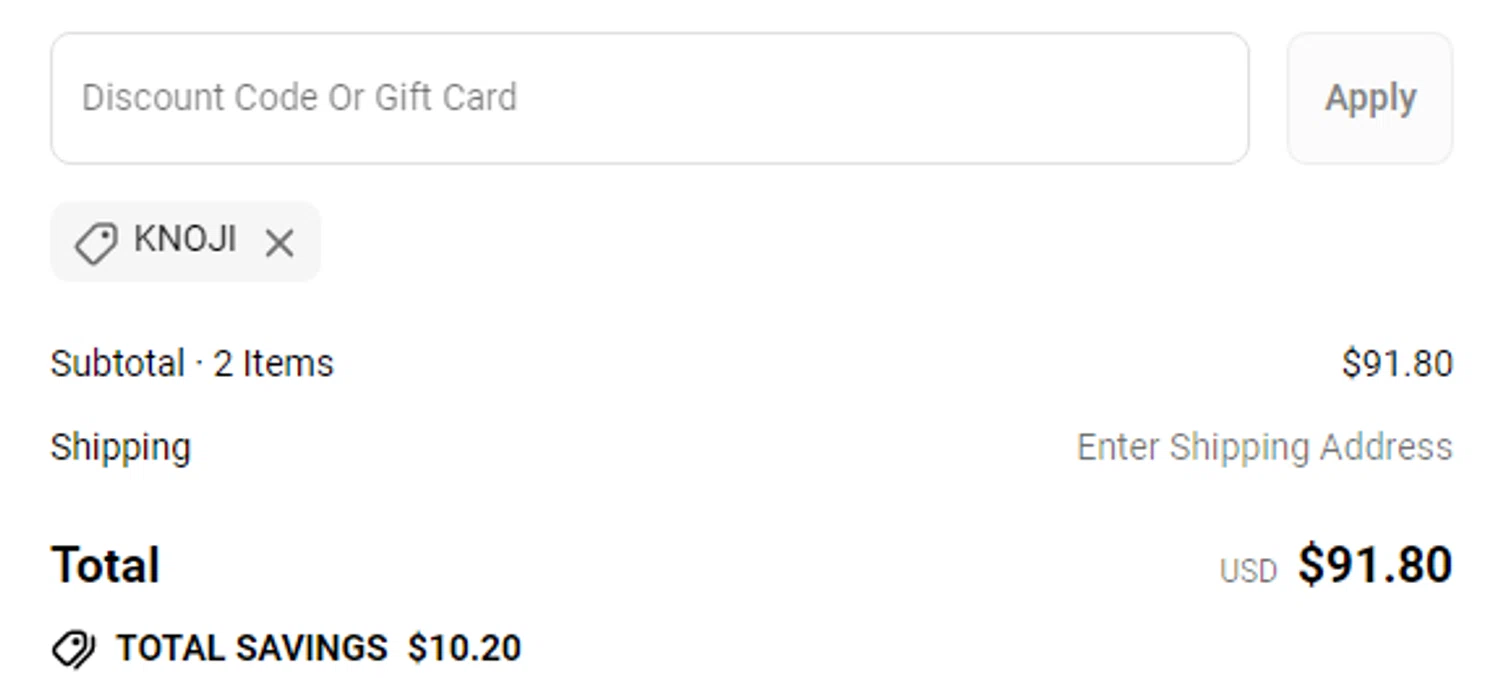 TLF Apparel discount code screenshot showing code KNOJI applied at TLF Apparel checkout page. Uploaded by SimplyCodes community member MoneySpotter869 on Jul 12, 2025
