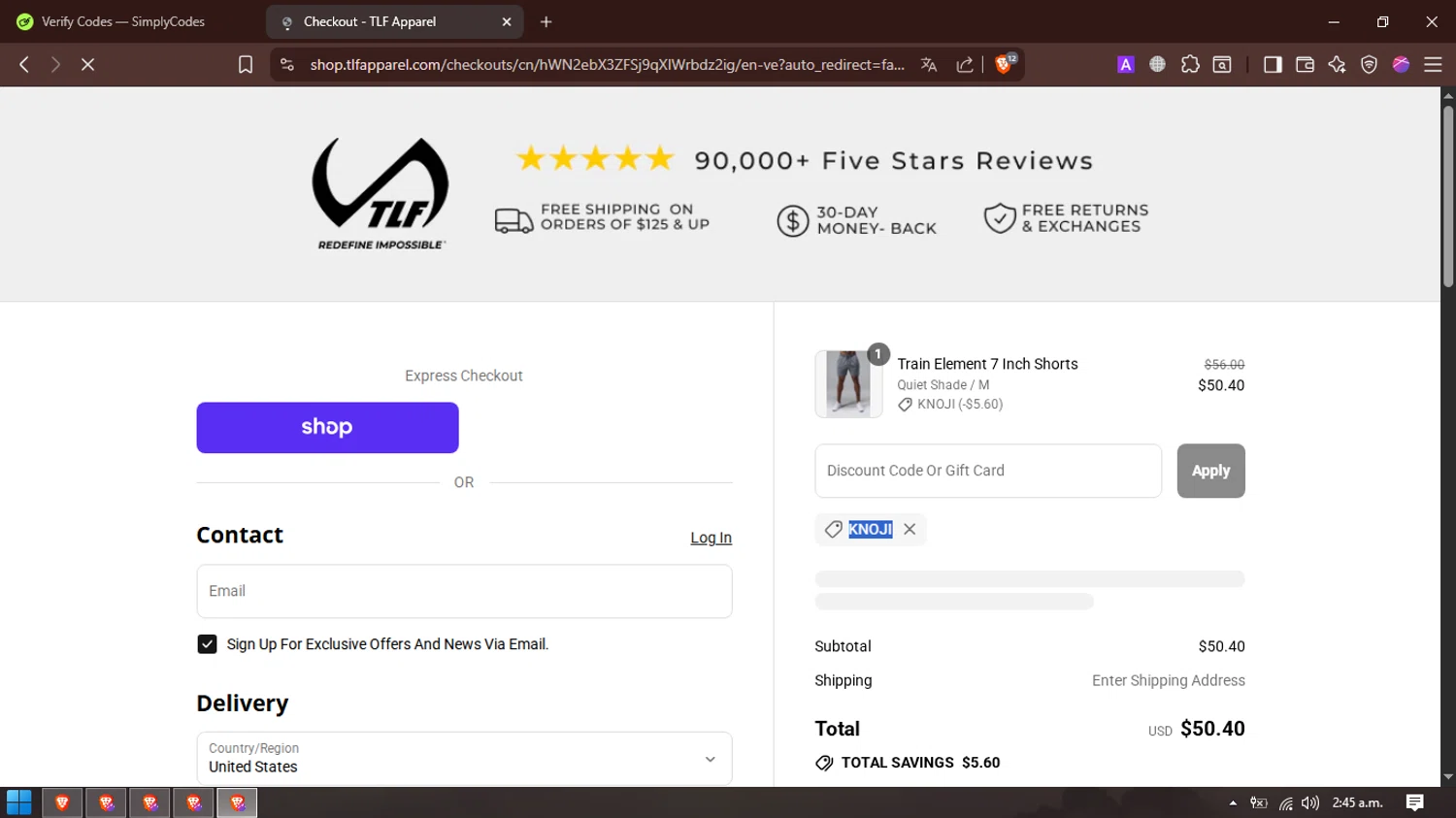 TLF Apparel discount code screenshot showing code KNOJI applied at TLF Apparel checkout page. Uploaded by SimplyCodes community member Simplycodes_ on Sep 6, 2025