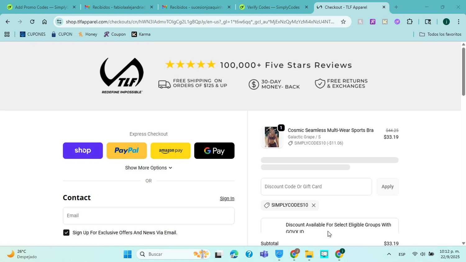 TLF Apparel discount code screenshot showing code SIMPLYCODES10 applied at TLF Apparel checkout page. Uploaded by SimplyCodes community member ABHF23 on Sep 23, 2025