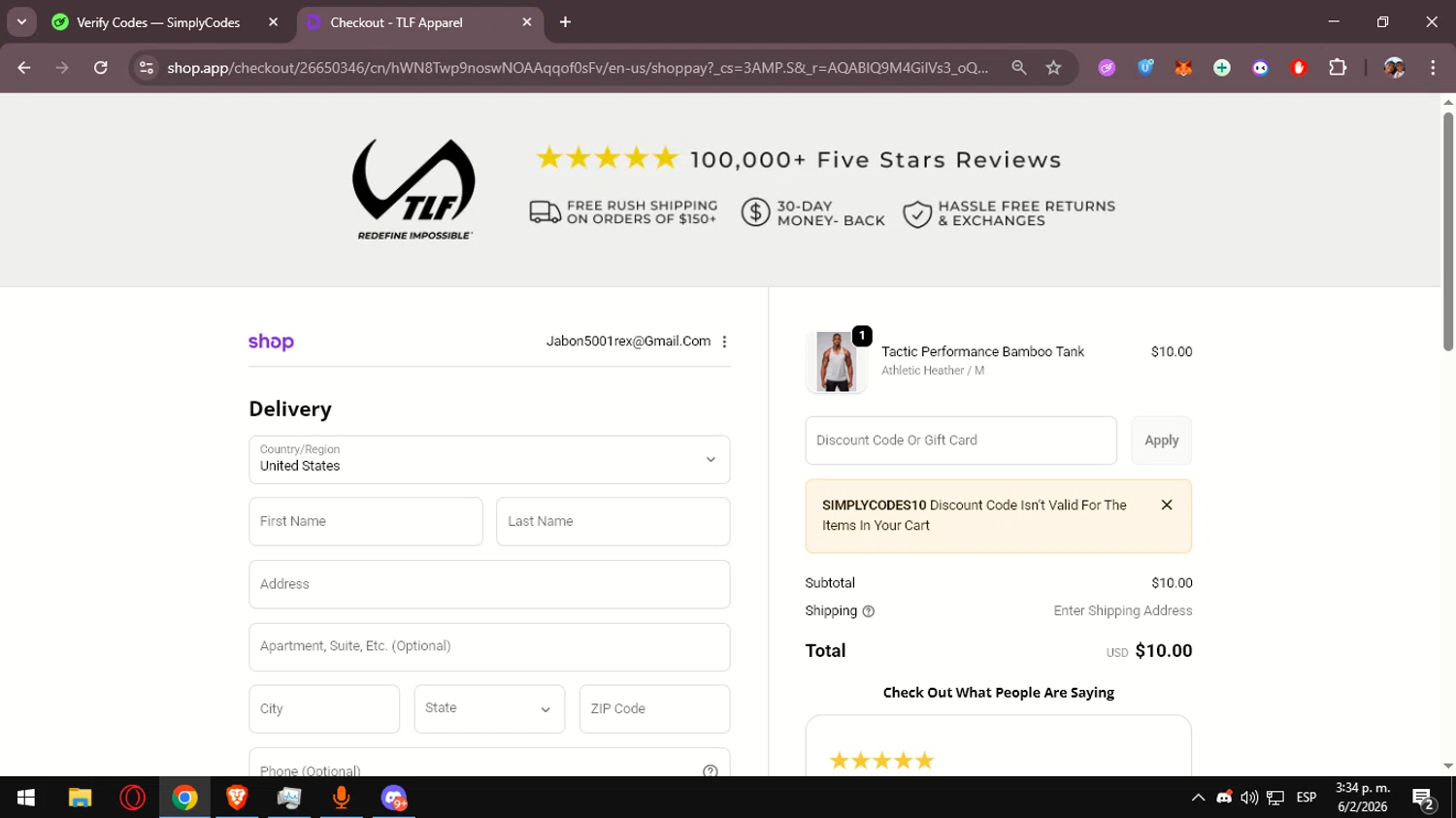 TLF Apparel checkout page showing TLF Apparel discount code box | Screenshot taken by SimplyCodes community member on Feb 6, 2026