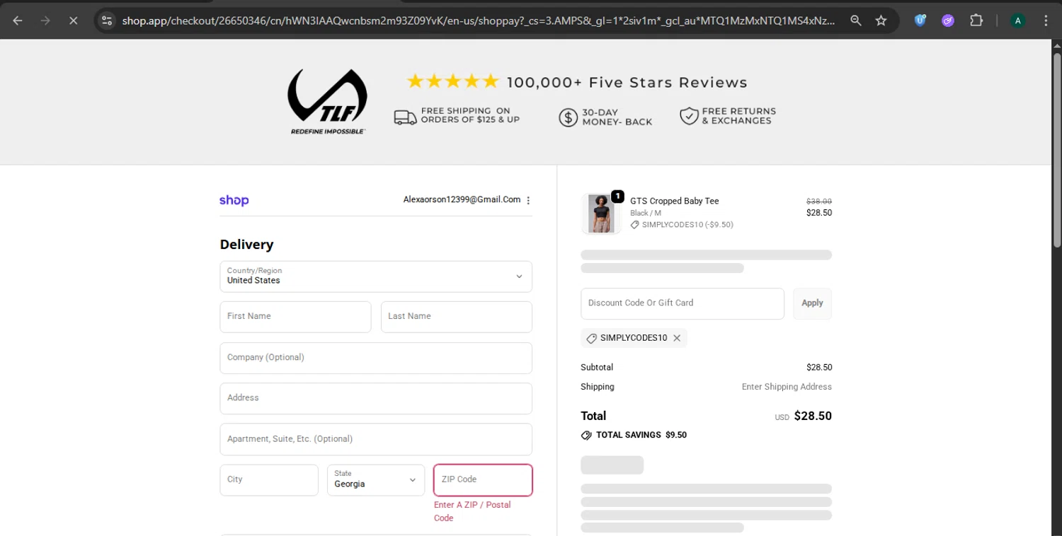TLF Apparel discount code screenshot showing code SIMPLYCODES10 applied at TLF Apparel checkout page. Uploaded by SimplyCodes community member CoinGuardian4017 on Sep 23, 2025