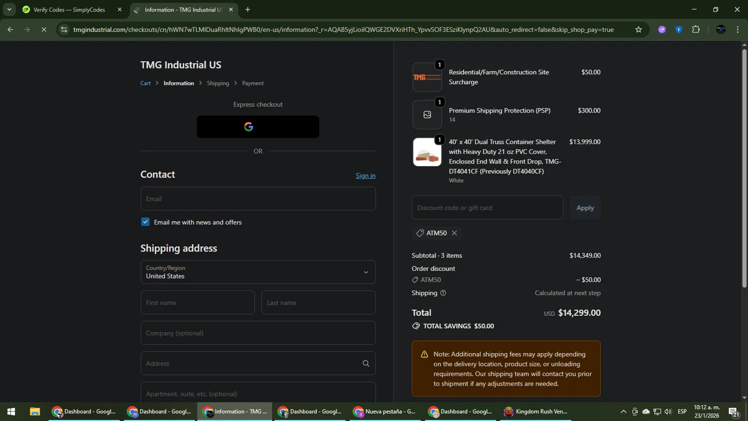 TMG Industrial promo code screenshot showing code ATM50 applied at TMG Industrial checkout page. Uploaded by SimplyCodes community member CarmenVGR on Jan 23, 2026