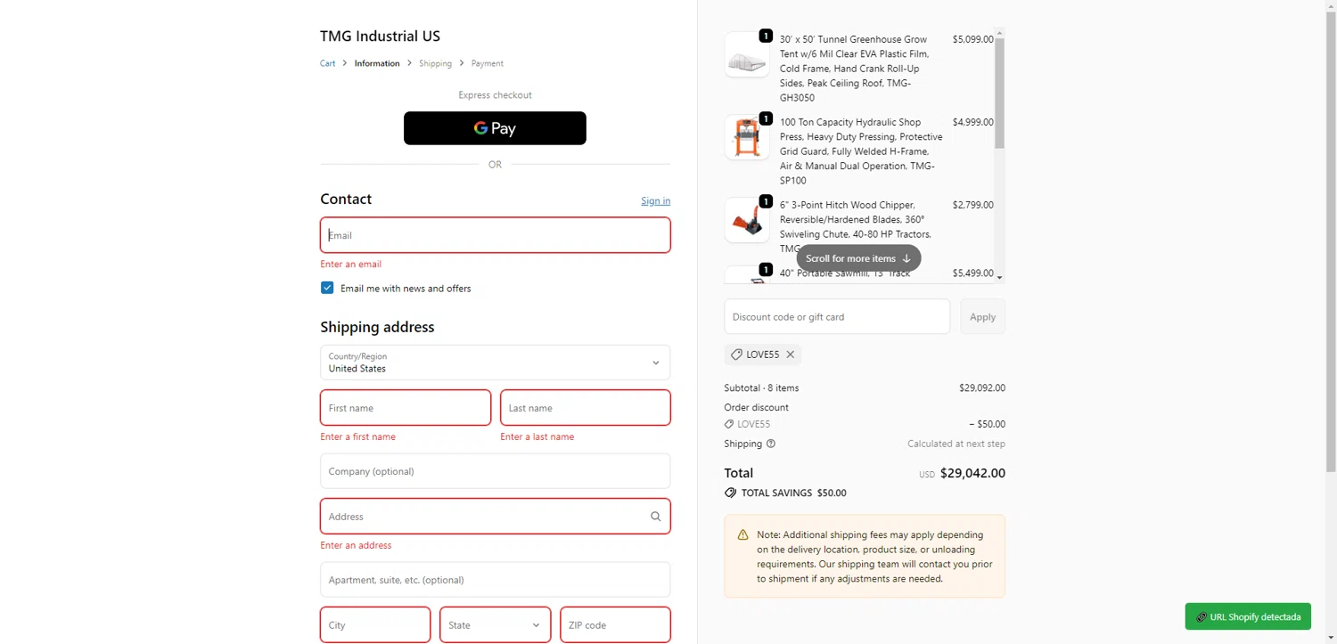 TMG Industrial promo code screenshot showing code LOVE55 applied at TMG Industrial checkout page. Uploaded by SimplyCodes community member CrownWhiz8114 on Jan 28, 2026