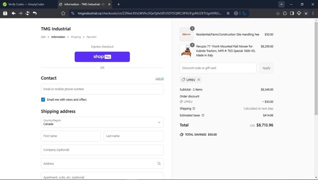 TMG Industrial CA checkout page showing TMG Industrial CA discount code box | Screenshot taken by SimplyCodes community member on Apr 2, 2025
