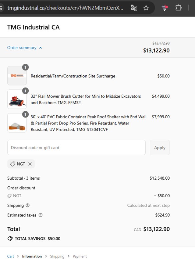 TMG Industrial CA checkout page showing TMG Industrial CA discount code box | Screenshot taken by SimplyCodes community member on Aug 29, 2025
