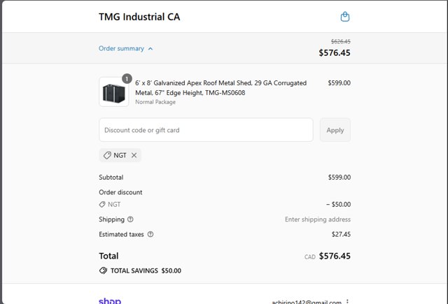 TMG Industrial CA checkout page showing TMG Industrial CA discount code box | Screenshot taken by SimplyCodes community member on Aug 29, 2025