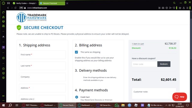 Trademark Hardware checkout page showing Trademark Hardware discount code box | Screenshot taken by SimplyCodes community member on Apr 23, 2025