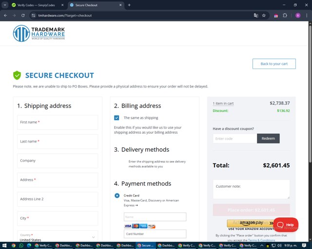 Trademark Hardware checkout page showing Trademark Hardware discount code box | Screenshot taken by SimplyCodes community member on Apr 23, 2025
