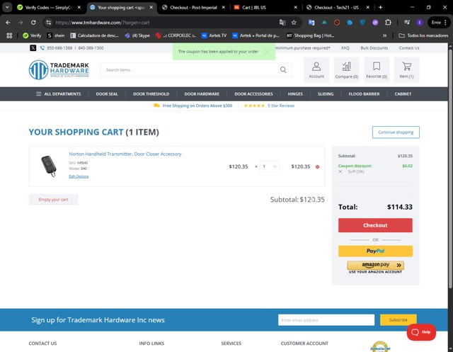 Trademark Hardware checkout page showing Trademark Hardware discount code box | Screenshot taken by SimplyCodes community member on May 21, 2025