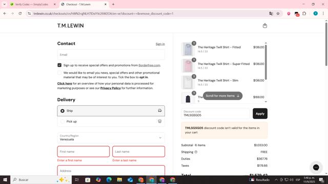 TM Lewin checkout page showing TM Lewin promo code box | Screenshot taken by SimplyCodes community member on Sep 11, 2025