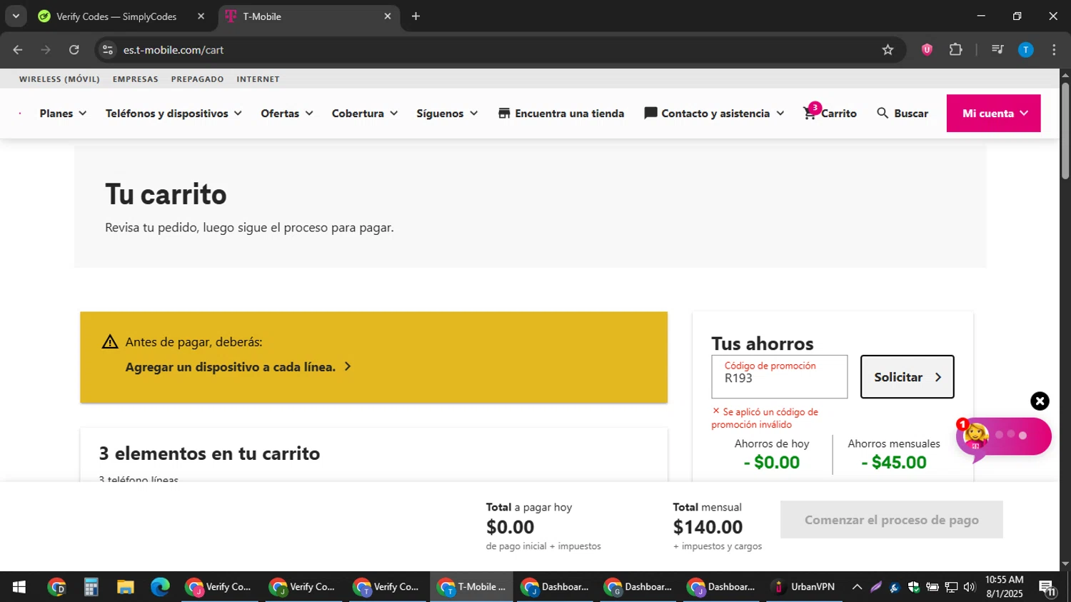 T-Mobile promo code screenshot showing code R193 applied at T-Mobile checkout page. Uploaded by SimplyCodes community member hankt1521 on Aug 1, 2025
