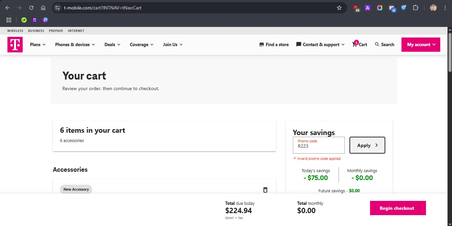 T-Mobile promo code screenshot showing code R223 applied at T-Mobile checkout page. Uploaded by SimplyCodes community member ROCKSORD_2 on Aug 3, 2025