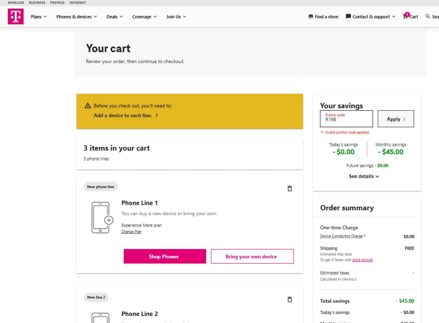 T-Mobile promo code screenshot showing code R166 applied at T-Mobile checkout page. Uploaded by SimplyCodes community member OsbelSanchez23 on Aug 29, 2025