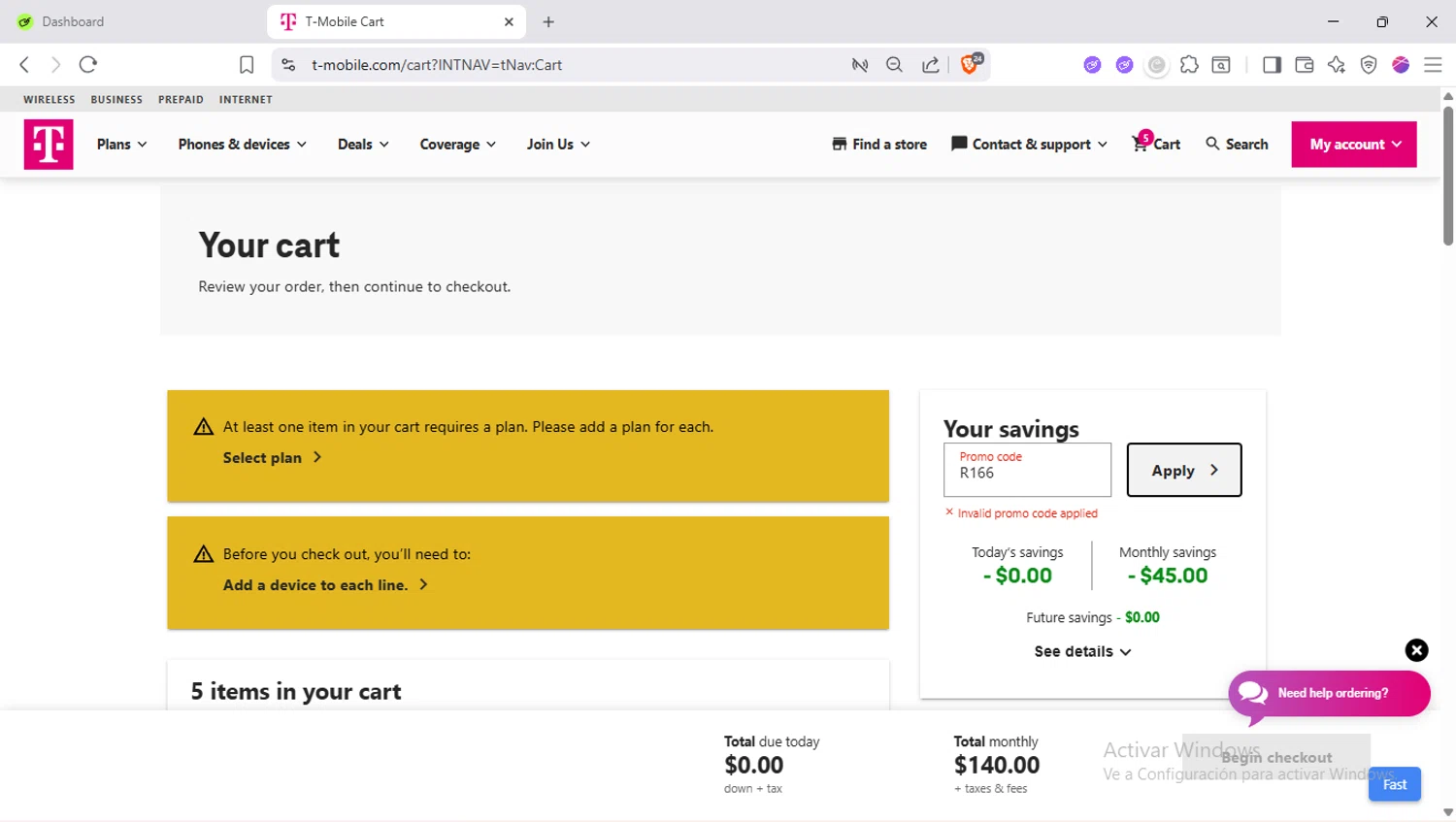 T-Mobile promo code screenshot showing code R166 applied at T-Mobile checkout page. Uploaded by SimplyCodes community member SapeGato on Aug 29, 2025