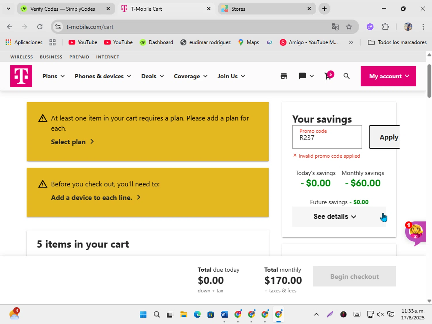 T-Mobile promo code screenshot showing code R237 applied at T-Mobile checkout page. Uploaded by SimplyCodes community member ShrewdSeeker5445 on Aug 17, 2025